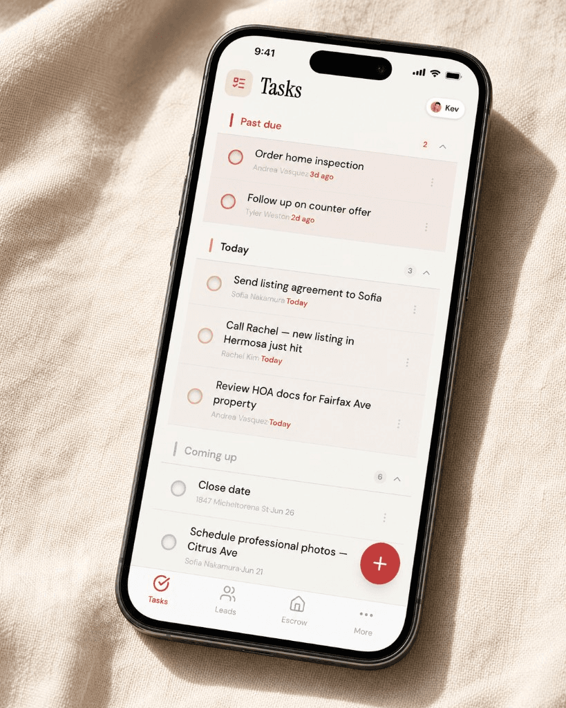Zero Tasks screen — daily action list for real estate agents