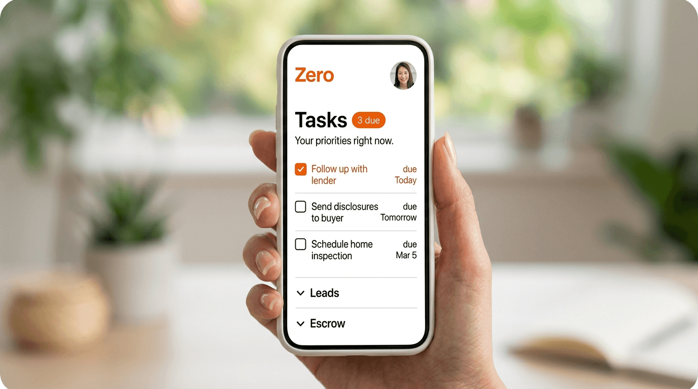 Zero app - female agent holding phone with task list, office desk with greenery